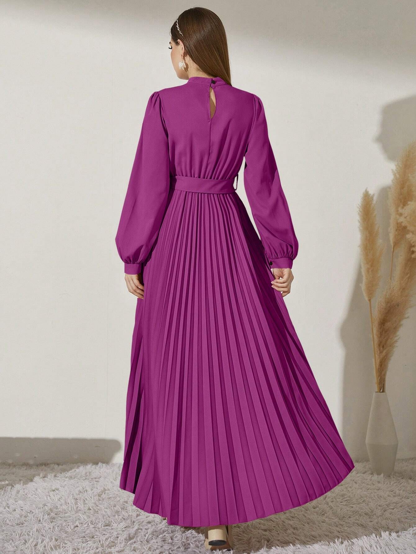 Modely Mock Neck Lantern Sleeve Pleated Hem Belted Dress