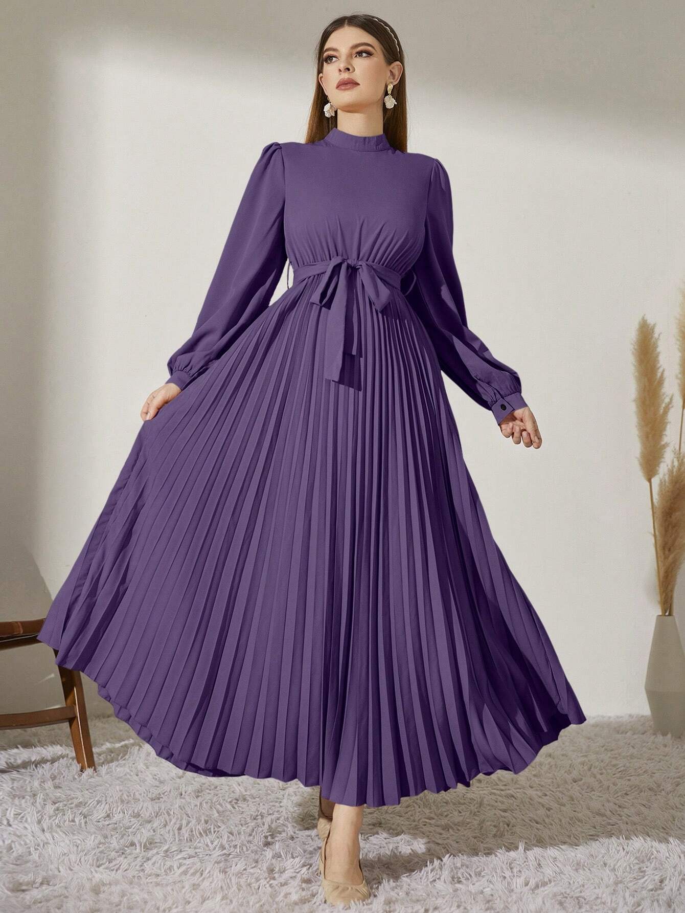 Modely Mock Neck Lantern Sleeve Pleated Hem Belted Dress