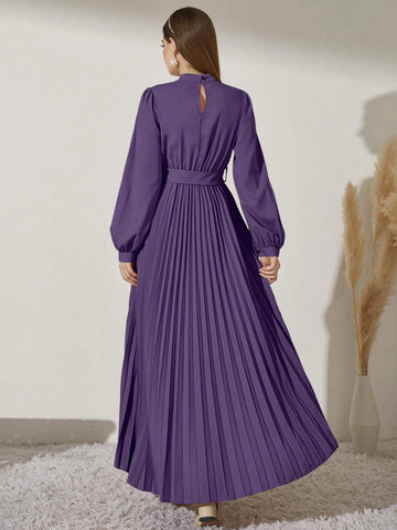 Modely Mock Neck Lantern Sleeve Pleated Hem Belted Dress