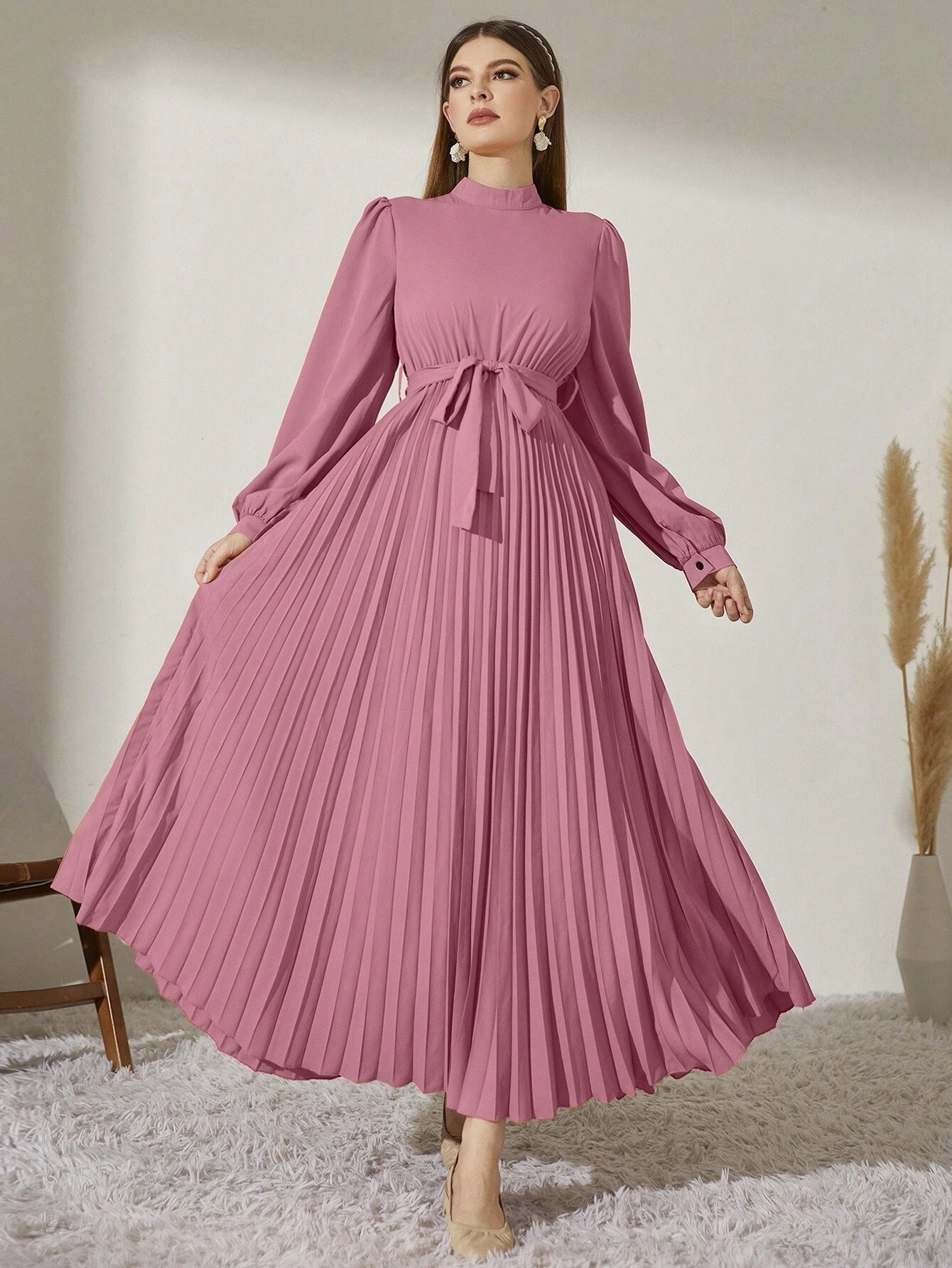 Modely Mock Neck Lantern Sleeve Pleated Hem Belted Dress