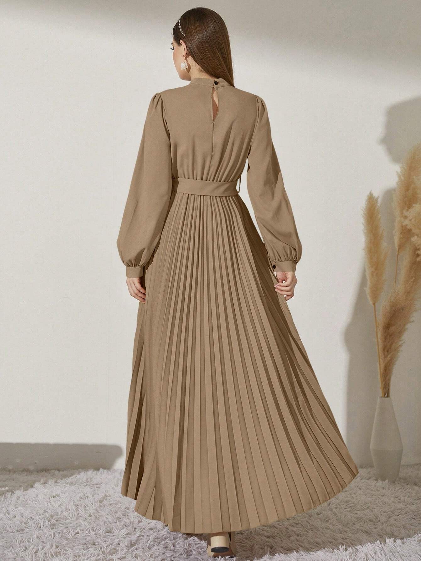 Modely Mock Neck Lantern Sleeve Pleated Hem Belted Dress