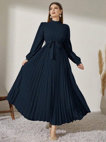 Modely Mock Neck Lantern Sleeve Pleated Hem Belted Dress