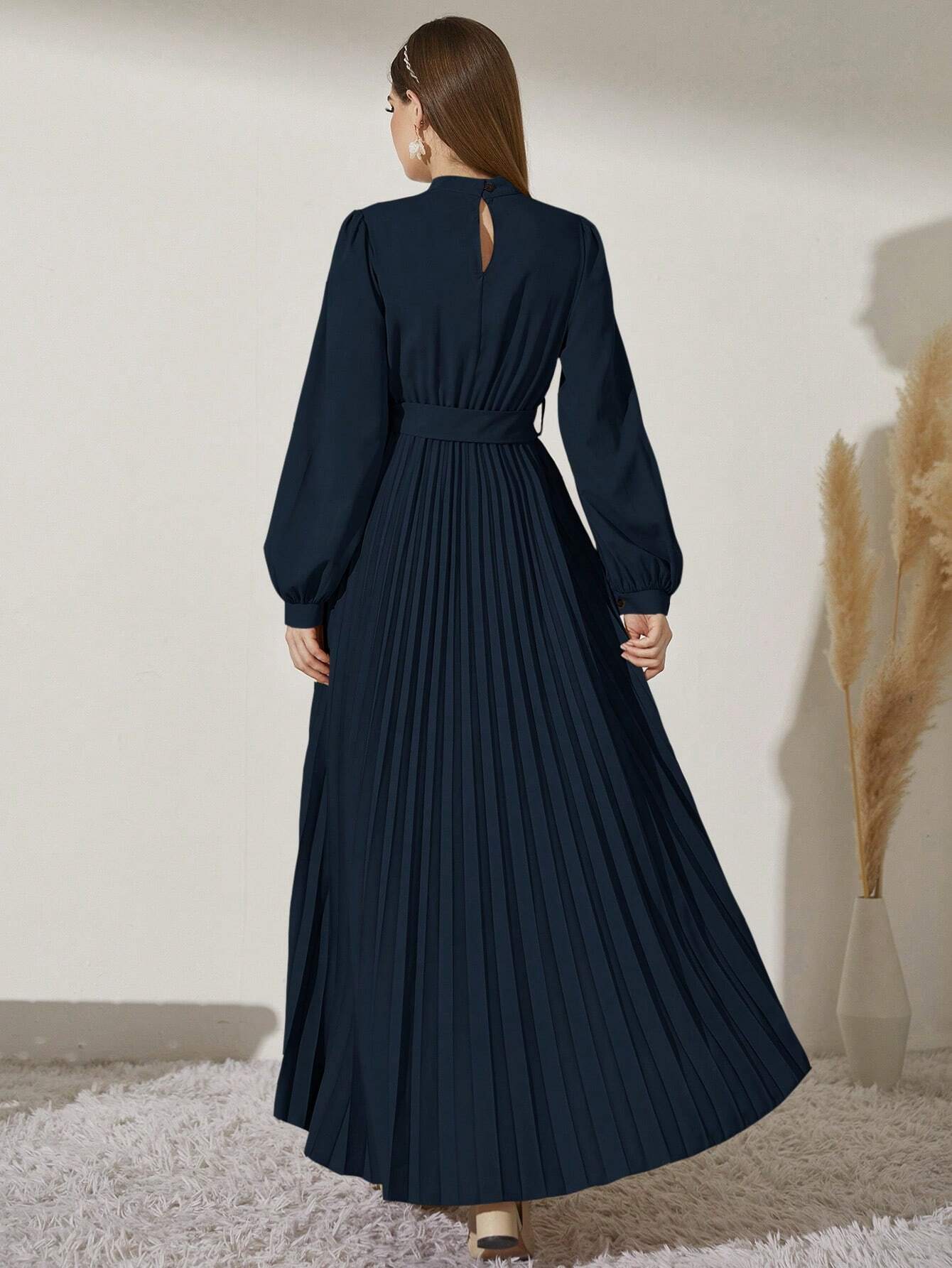 Modely Mock Neck Lantern Sleeve Pleated Hem Belted Dress