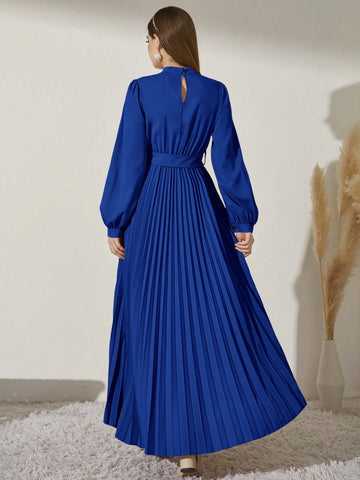 Modely Mock Neck Lantern Sleeve Pleated Hem Belted Dress