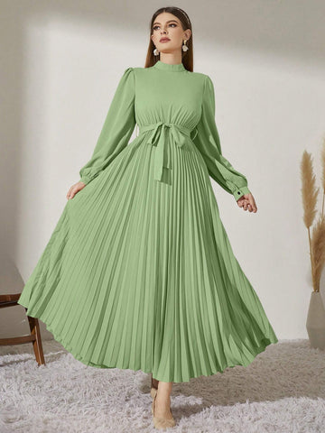 Modely Mock Neck Lantern Sleeve Pleated Hem Belted Dress