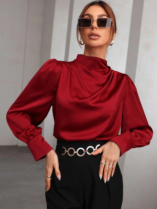 Modely Mock Neck Puff Sleeve Satin Blouse