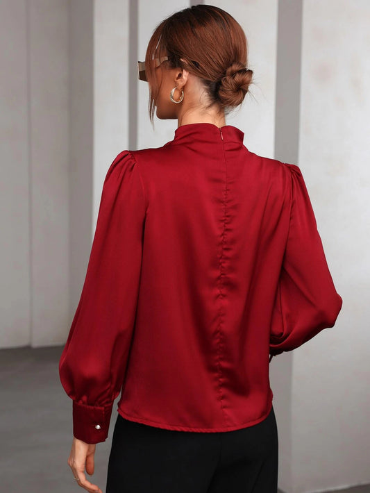 Modely Mock Neck Puff Sleeve Satin Blouse