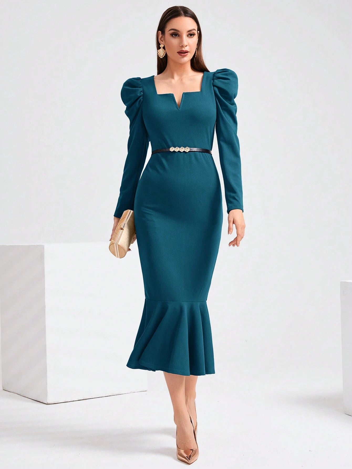 Modely Notched Neckline Gigot Sleeve Mermaid Hem Dress Without Belt