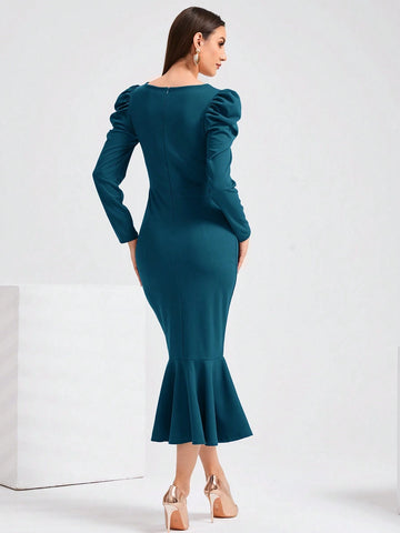 Modely Notched Neckline Gigot Sleeve Mermaid Hem Dress Without Belt