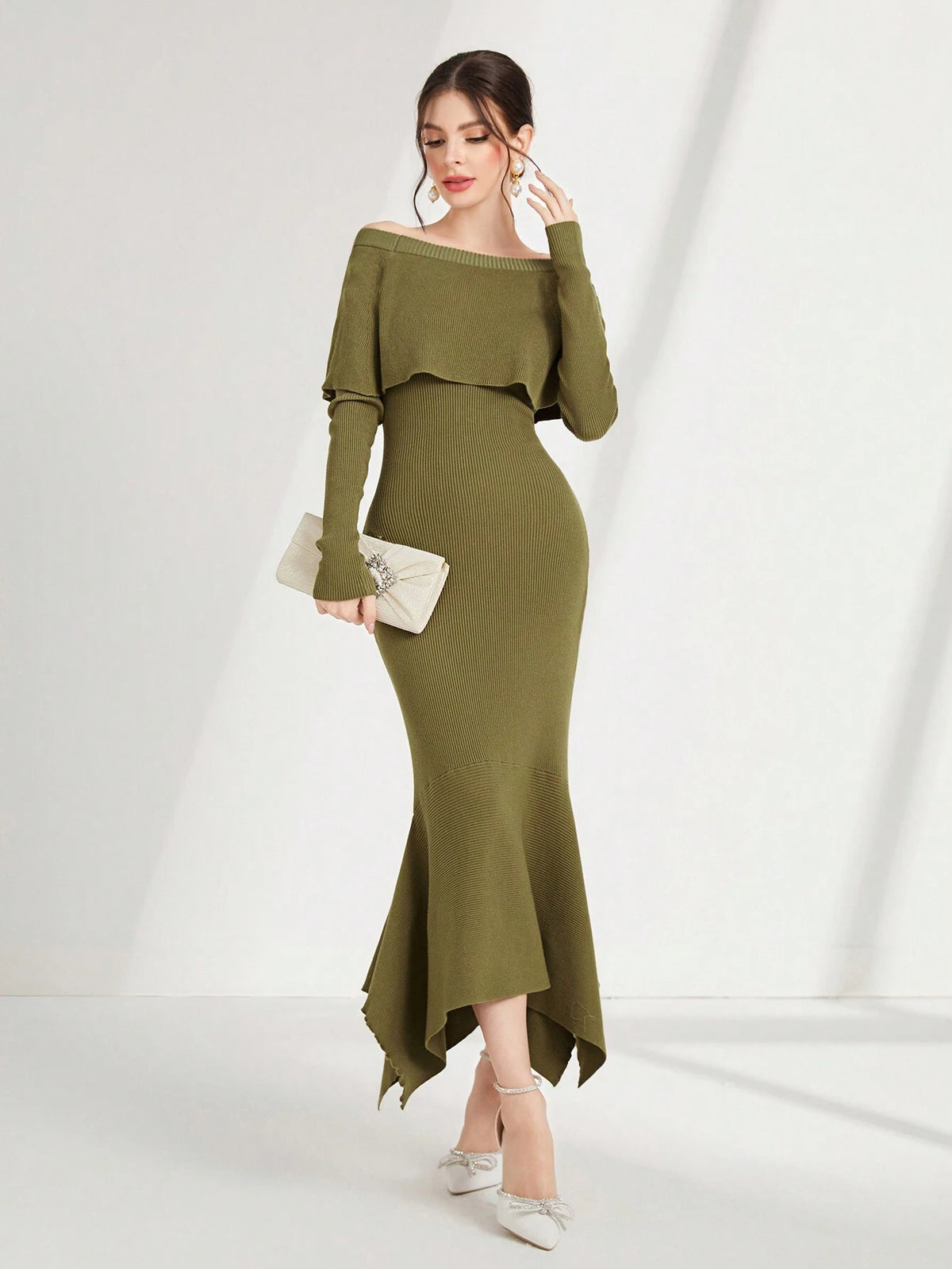 Modely Off Shoulder Asymmetrical Mermaid Hem Sweater Dress