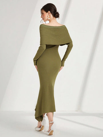 Modely Off Shoulder Asymmetrical Mermaid Hem Sweater Dress