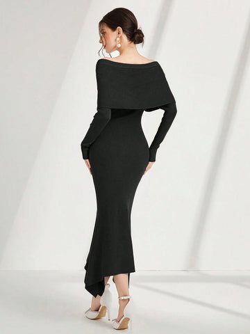 Modely Off Shoulder Asymmetrical Mermaid Hem Sweater Dress