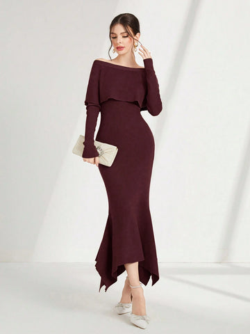 Modely Off Shoulder Asymmetrical Mermaid Hem Sweater Dress