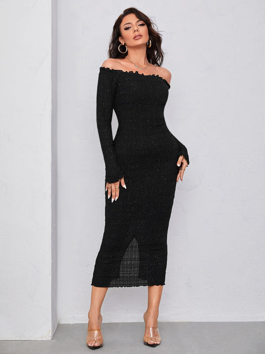 Modely Off Shoulder Frill Trim Split Back Glitter Bodycon Dress