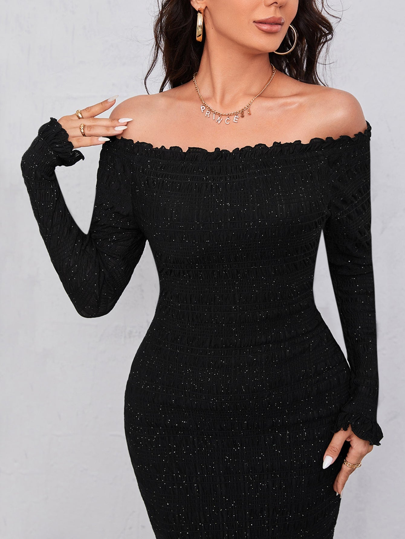 Modely Off Shoulder Frill Trim Split Back Glitter Bodycon Dress