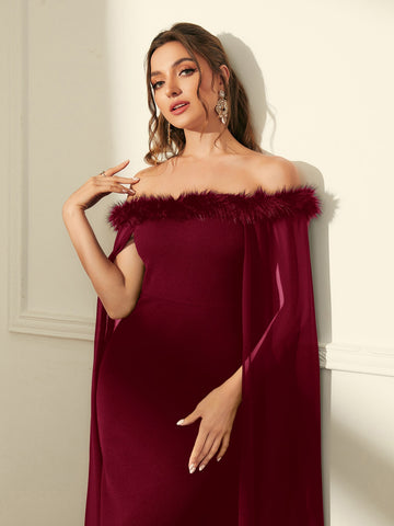 Modely Off Shoulder Fuzzy Trim Split Thigh Chiffon Prom Dress