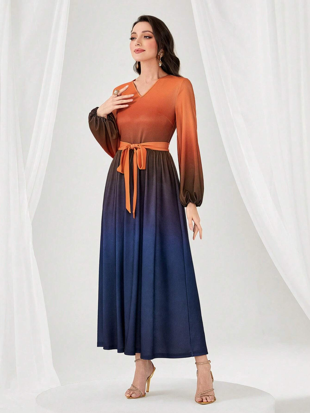 Modely Ombre Lantern Sleeve Belted Dress