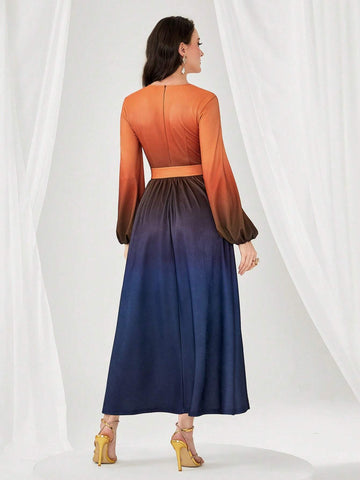 Modely Ombre Lantern Sleeve Belted Dress