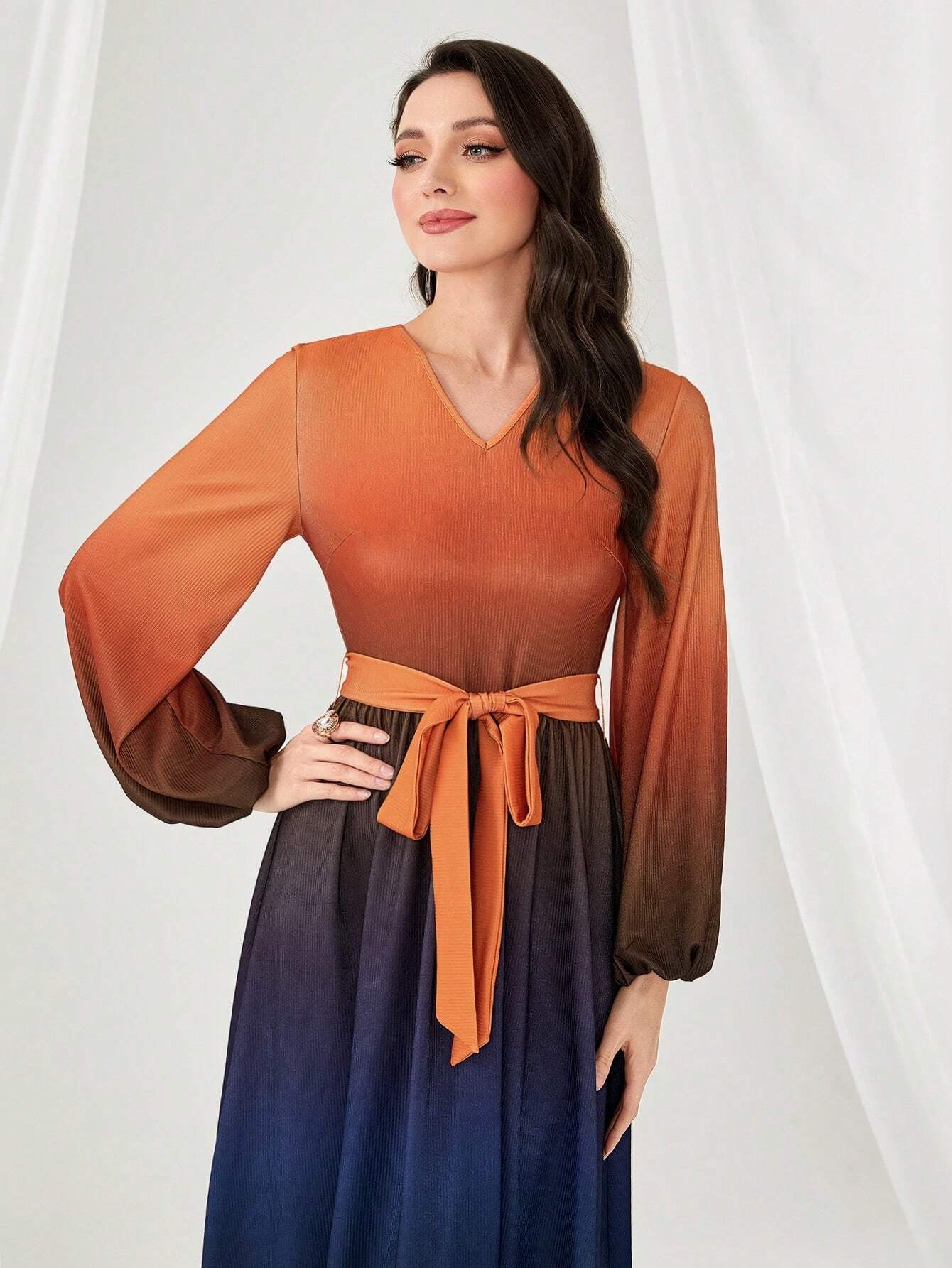 Modely Ombre Lantern Sleeve Belted Dress