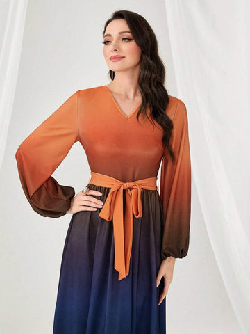 Modely Ombre Lantern Sleeve Belted Dress