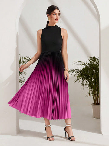 Modely Ombre Pleated Hem Mock Neck Dress