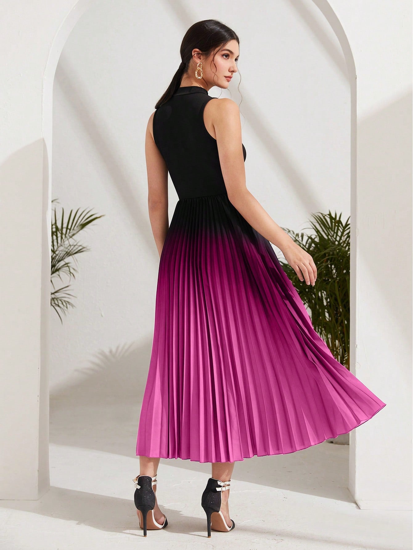 Modely Ombre Pleated Hem Mock Neck Dress