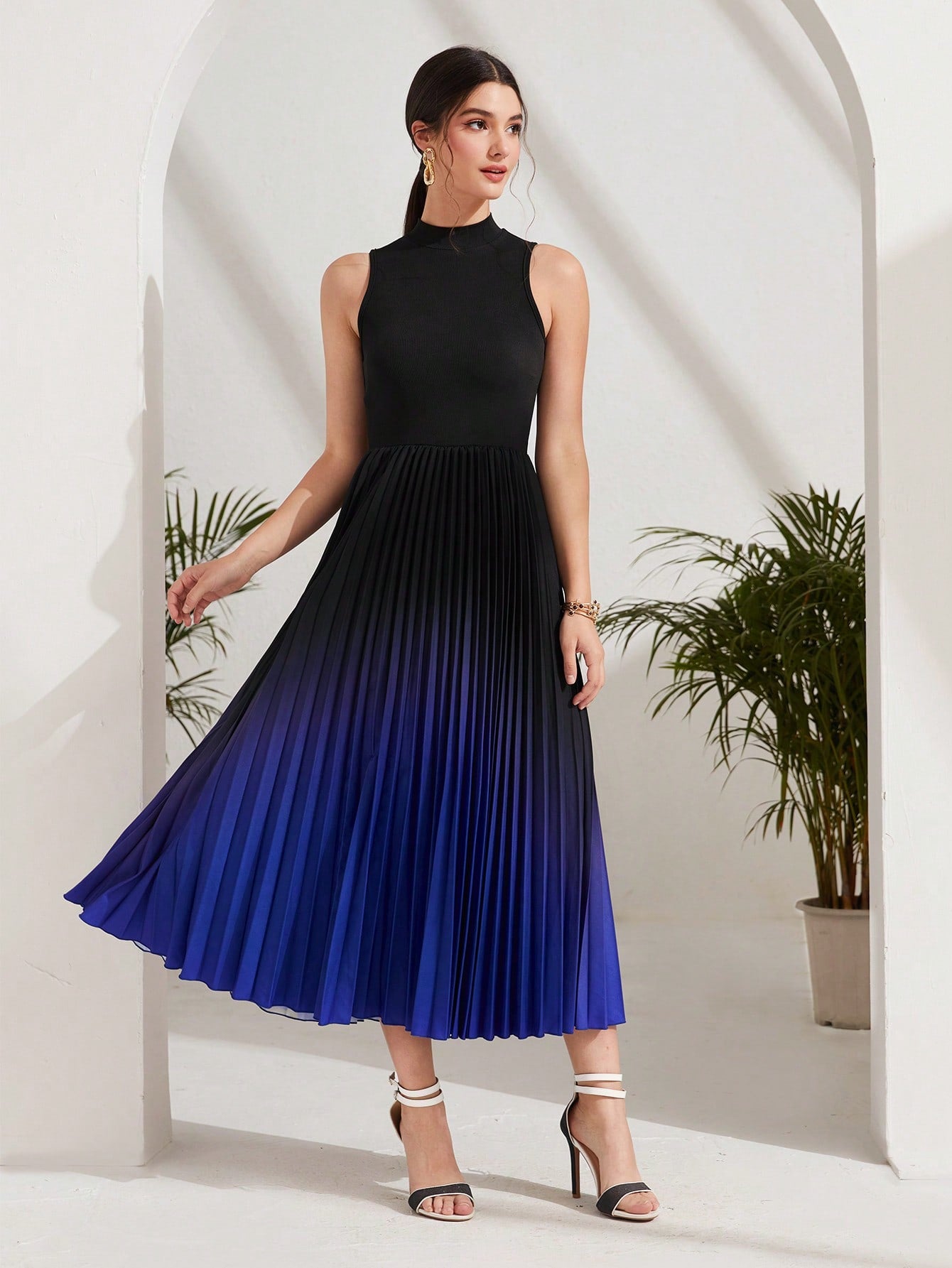 Modely Ombre Pleated Hem Mock Neck Dress