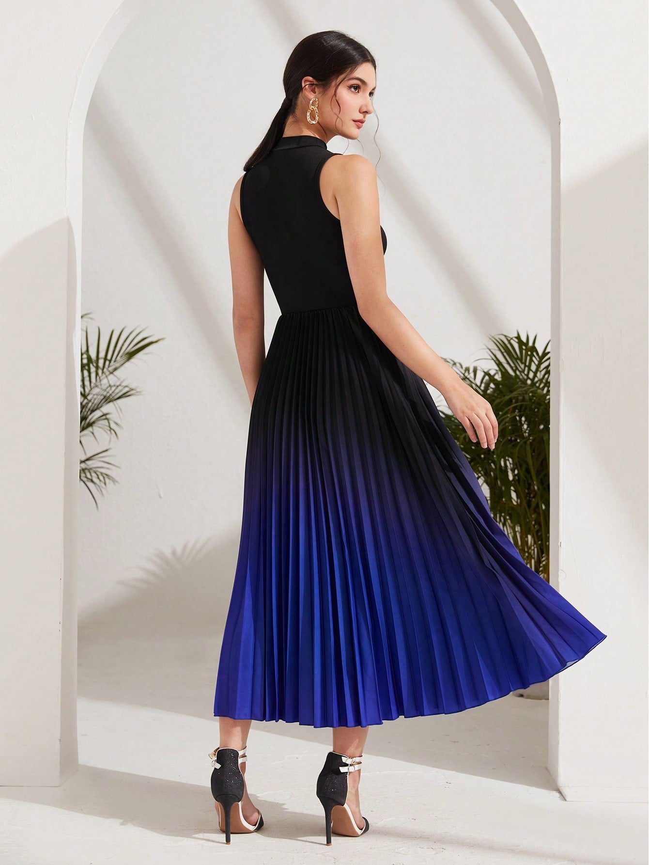 Modely Ombre Pleated Hem Mock Neck Dress