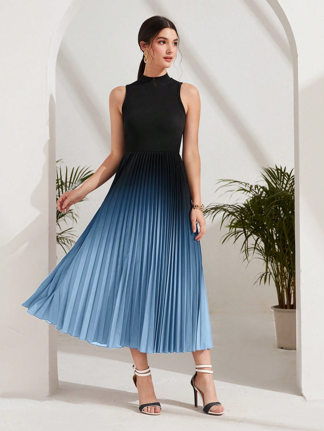 Modely Ombre Pleated Hem Mock Neck Dress