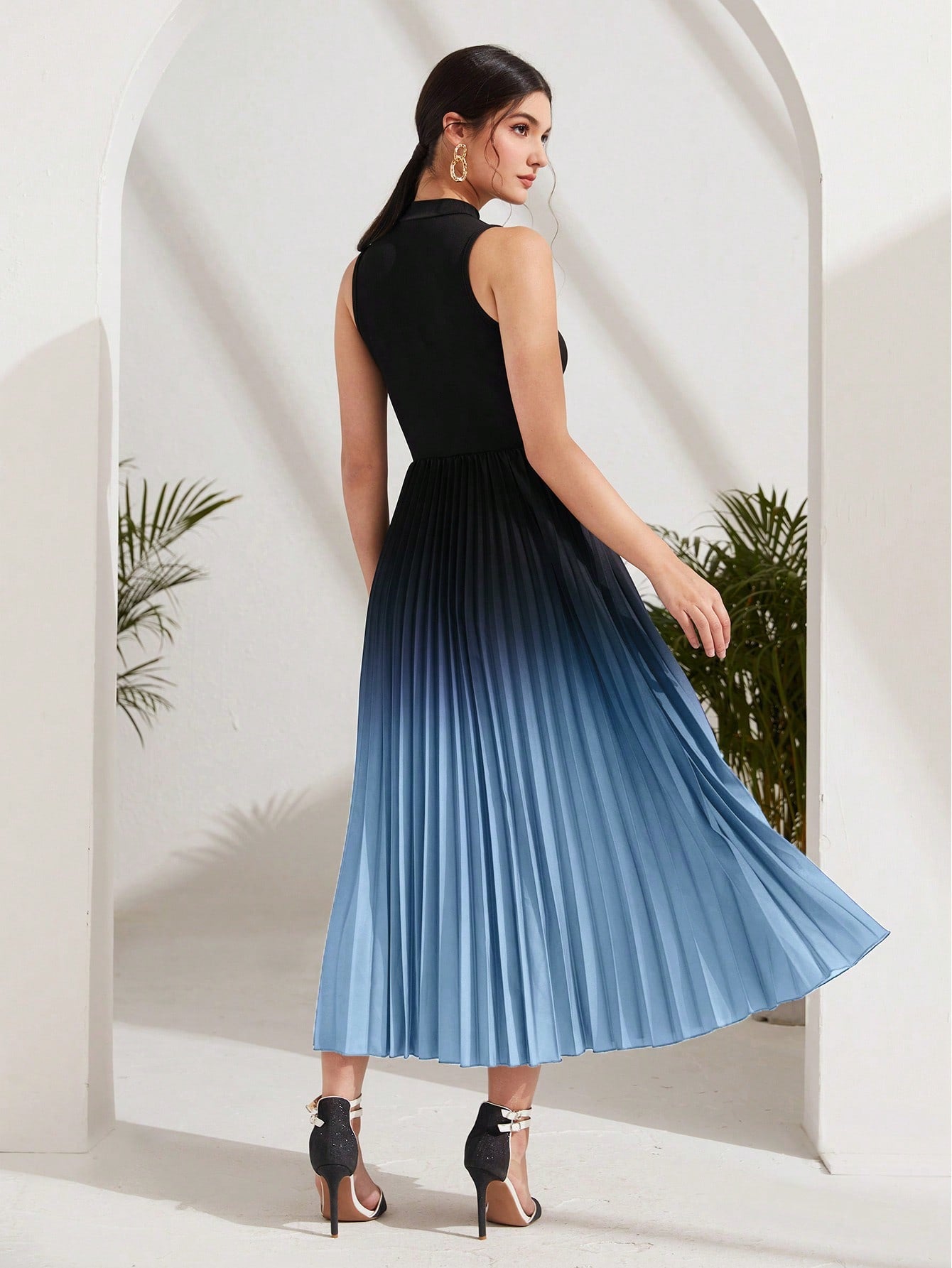 Modely Ombre Pleated Hem Mock Neck Dress