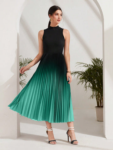 Modely Ombre Pleated Hem Mock Neck Dress