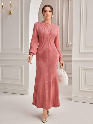 Modely Pearls Beaded Lantern Sleeve Sweater Dress