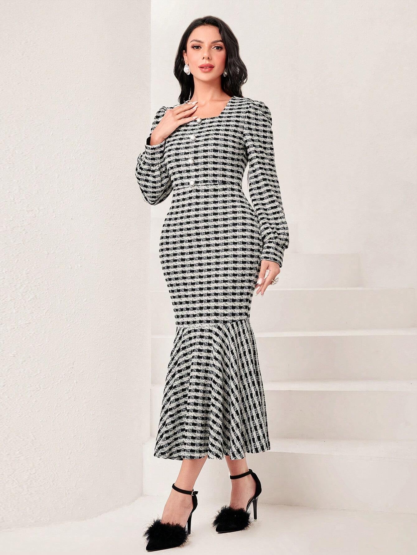 Modely Plaid Print Button Front Mermaid Hem Dress