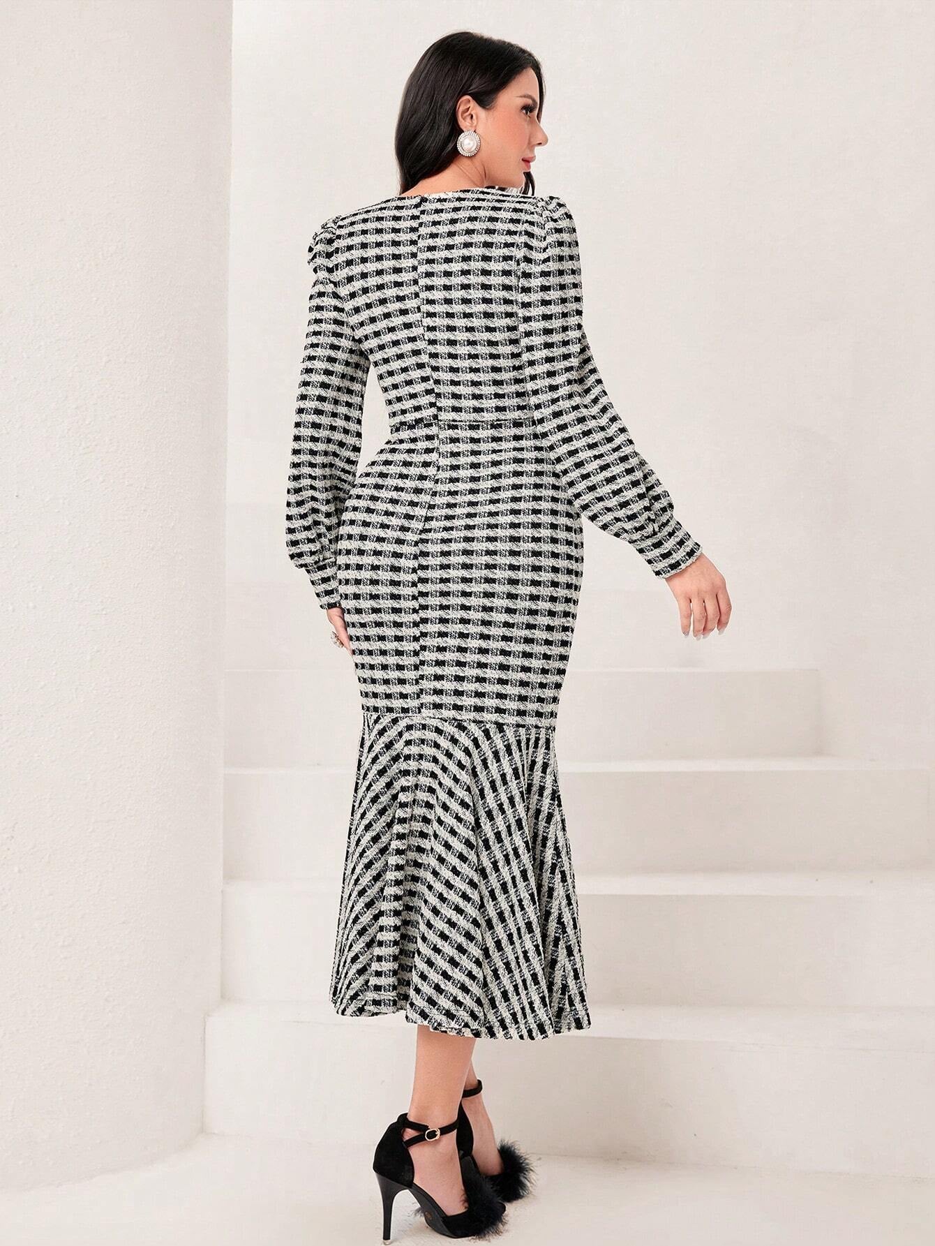 Modely Plaid Print Button Front Mermaid Hem Dress