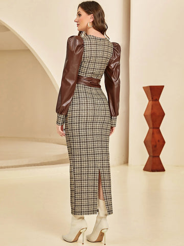 Modely Plaid Print Puff Sleeve Belted Dress