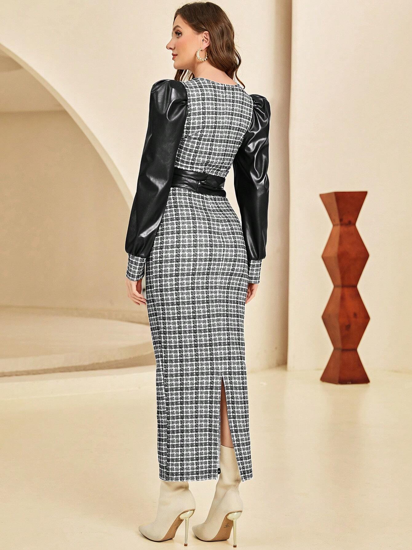 Modely Plaid Print Puff Sleeve Belted Dress