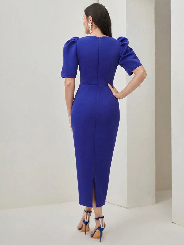 Modely Puff Sleeve Button Front Split Back Fitted Dress