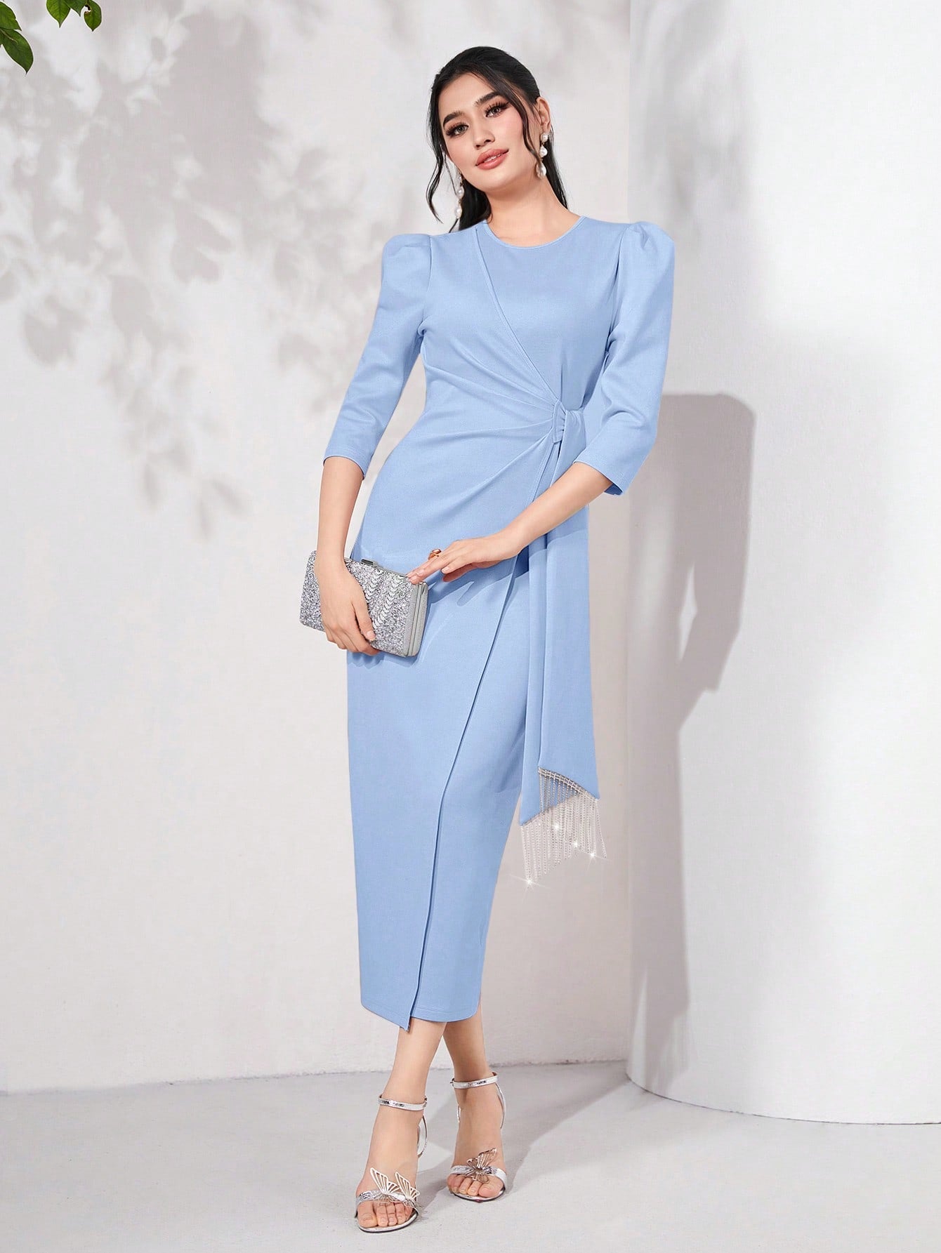 Modely Puff Sleeve Knot Side Split Back Dress