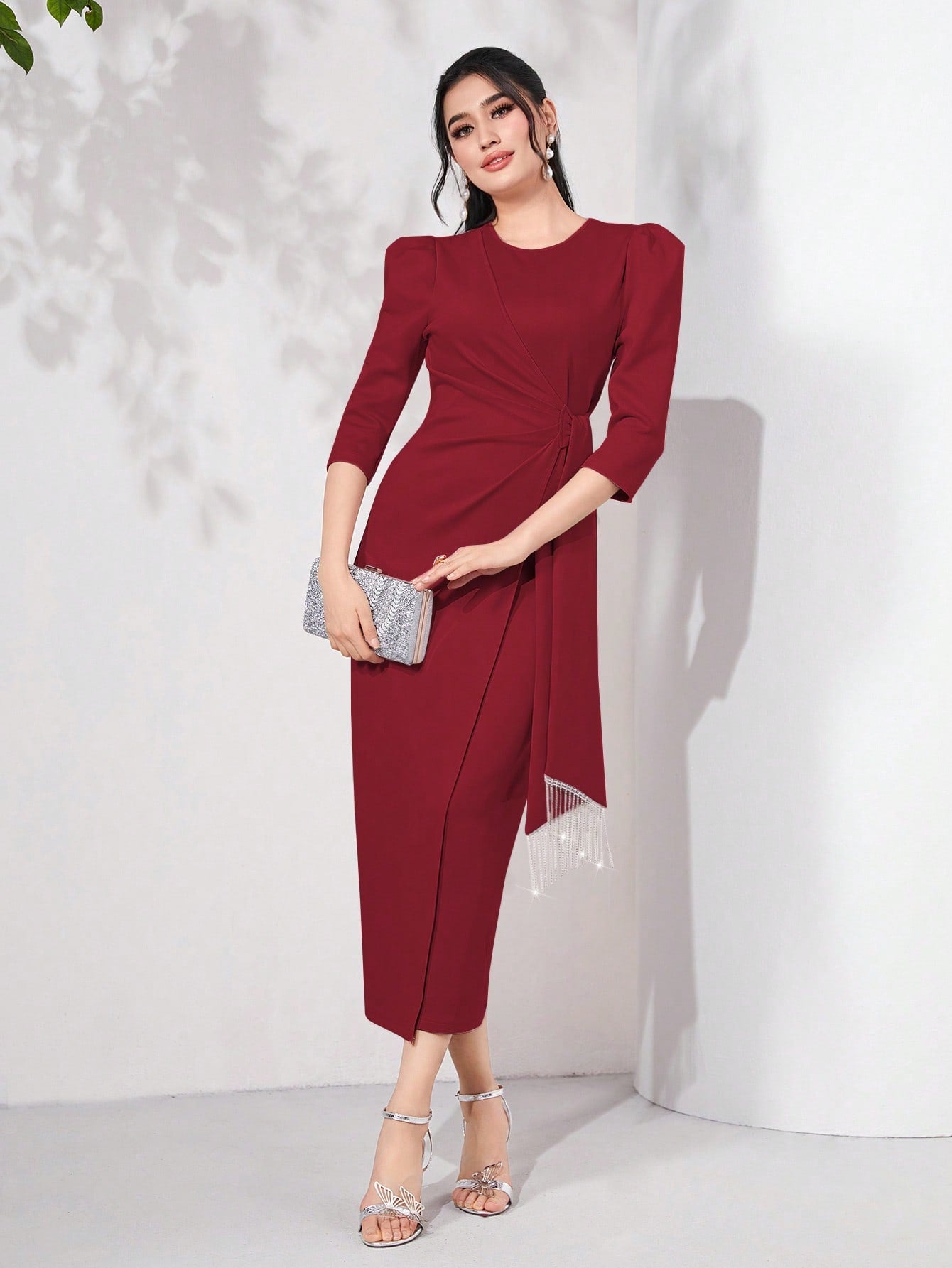 Modely Puff Sleeve Knot Side Split Back Dress