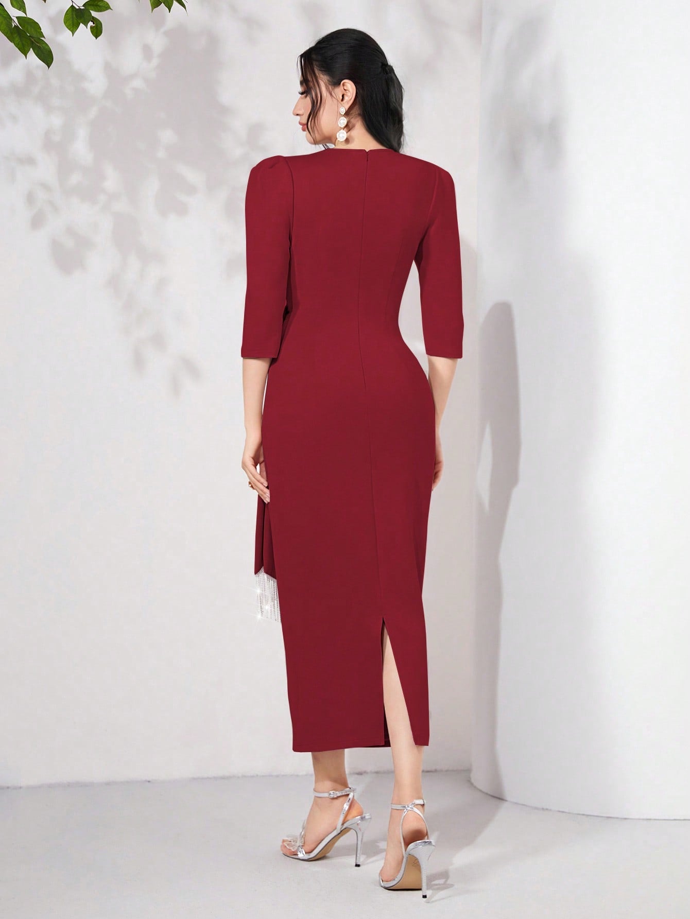 Modely Puff Sleeve Knot Side Split Back Dress