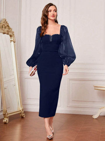 Modely Rhinestone Detail Sweetheart Neck Lantern Sleeve Split Back Bodycon Dress