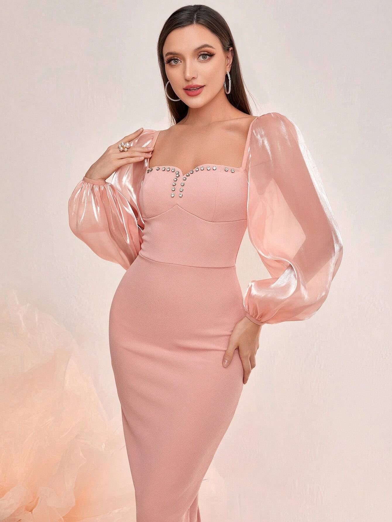 Modely Rhinestone Detail Sweetheart Neck Lantern Sleeve Split Back Bodycon Dress