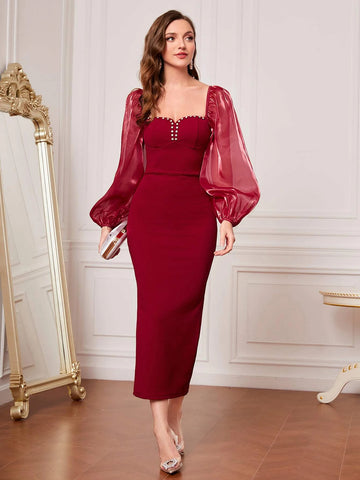 Modely Rhinestone Detail Sweetheart Neck Lantern Sleeve Split Back Bodycon Dress