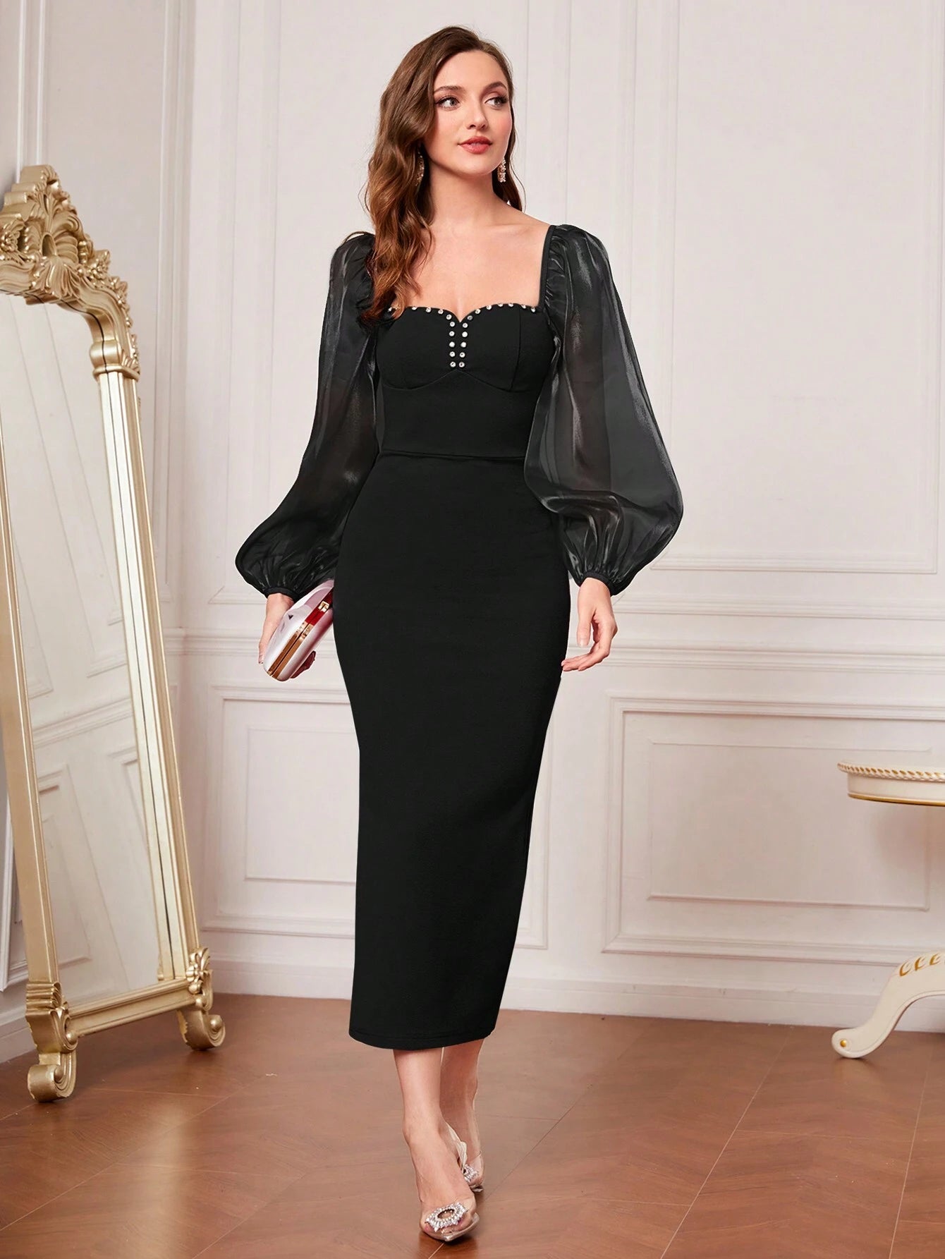 Modely Rhinestone Detail Sweetheart Neck Lantern Sleeve Split Back Bodycon Dress