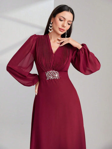 Modely Rhinestone and Pearls Detail Lantern Sleeve Dress