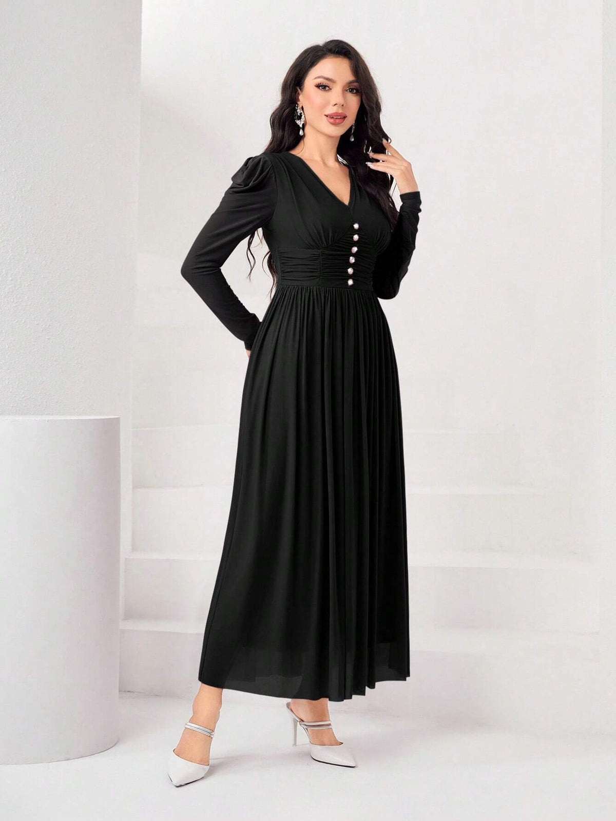 Modely Solid Button Front Puff Sleeve Dress