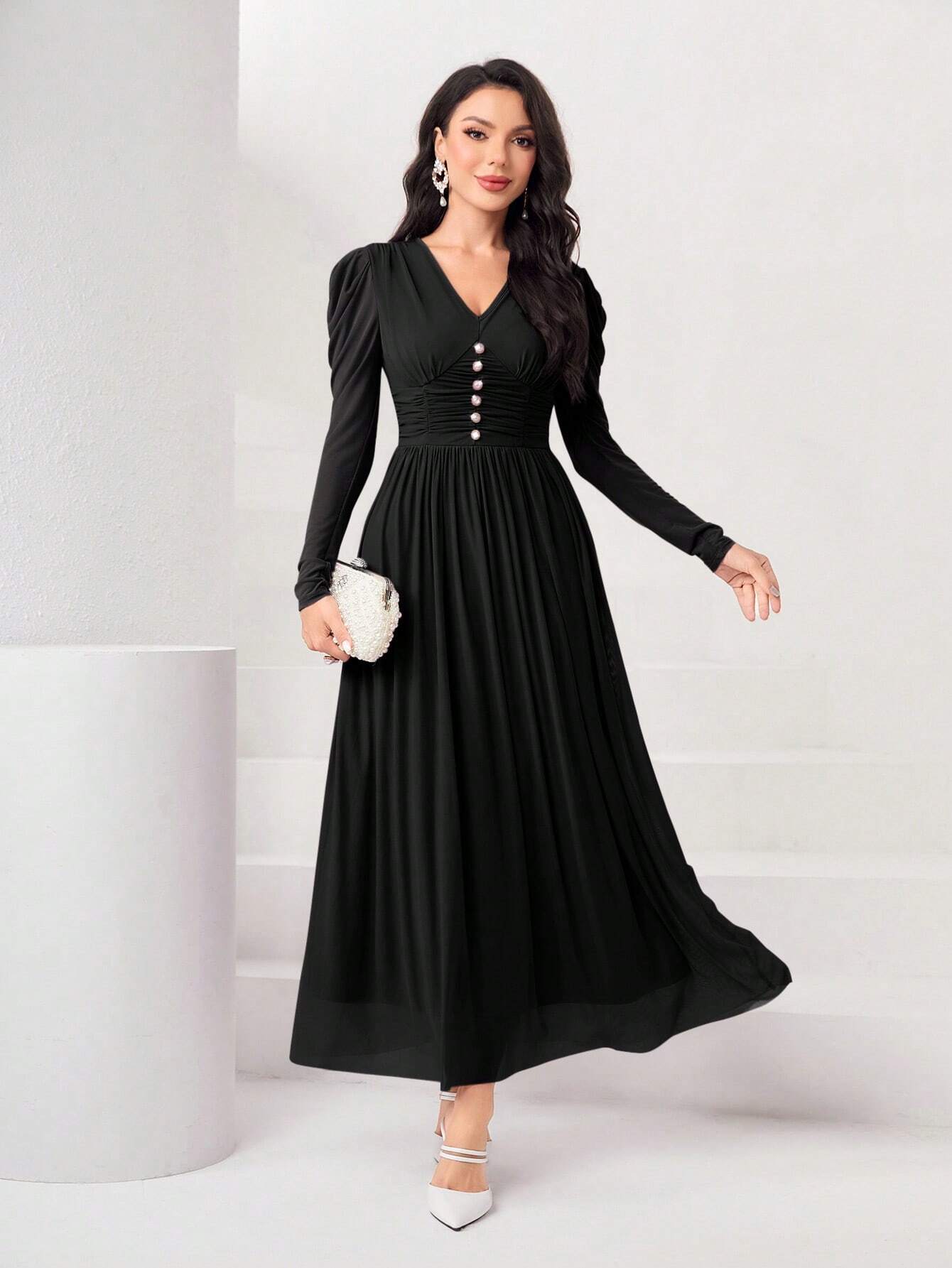 Modely Solid Button Front Puff Sleeve Dress