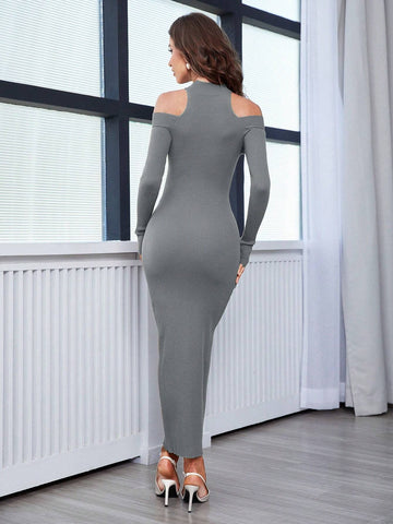Modely Solid Color Close-fitting Cold Shoulder Sweater Dress