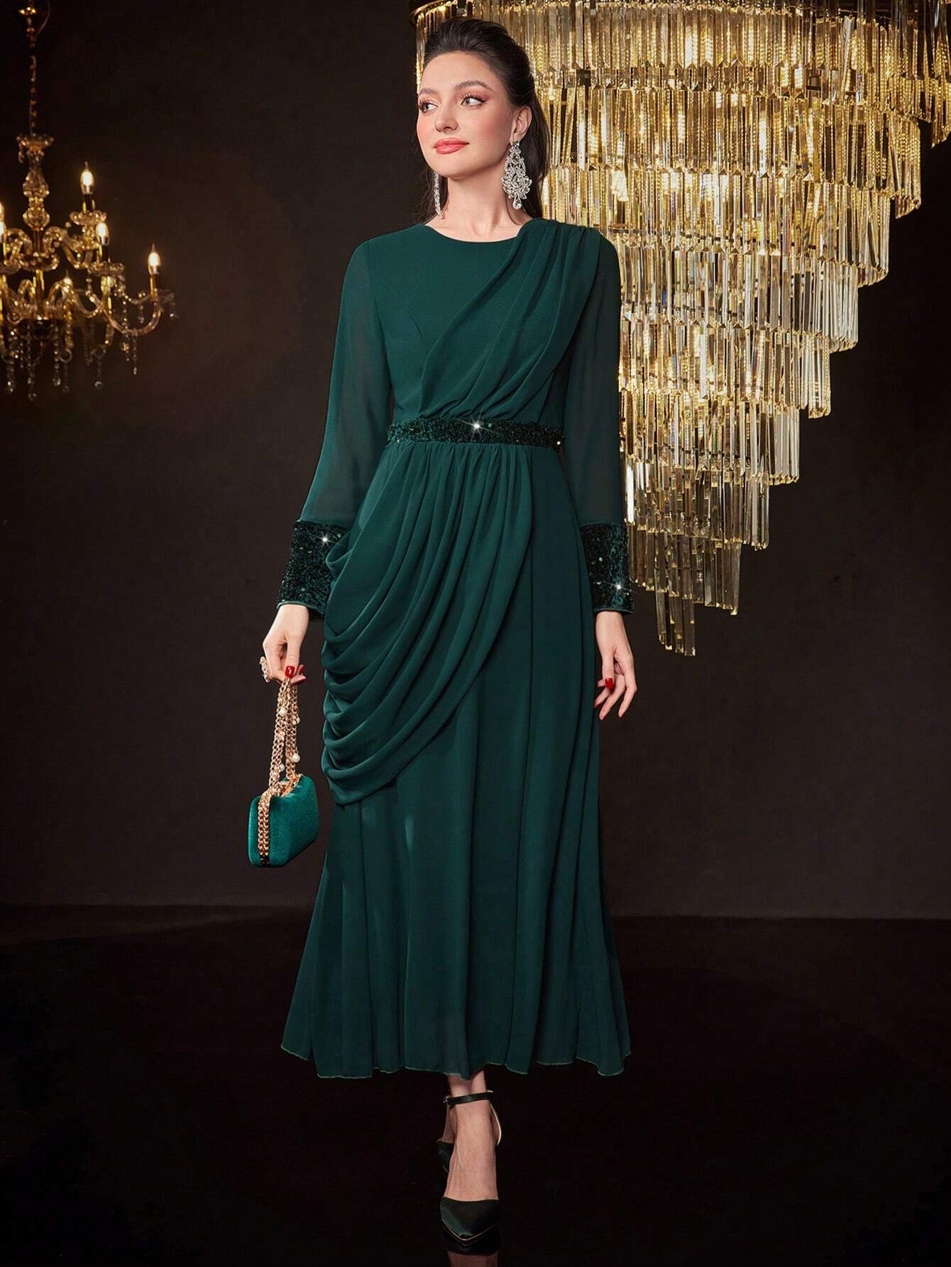 Modely Solid Color Round Neck Shimmer Patchwork Draped Ruffle Arabic Maxi Dress