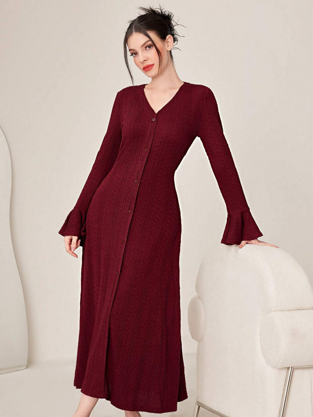 Modely Solid Color Women's Bell Sleeve Dress